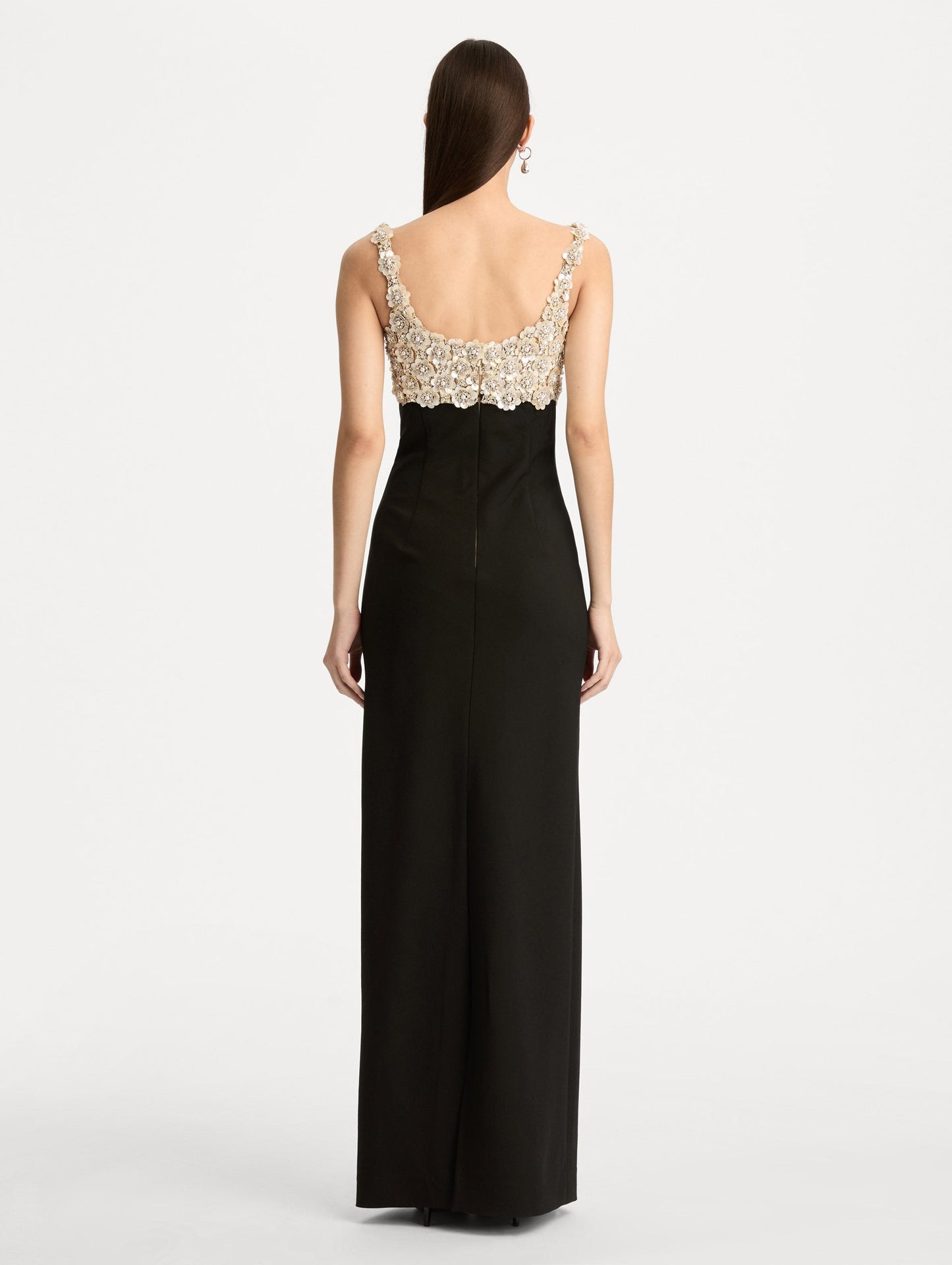 Black Embroidered Sleeveless Gown with a form fitting, floor length silhouette and an embellished bodice. Back View.
