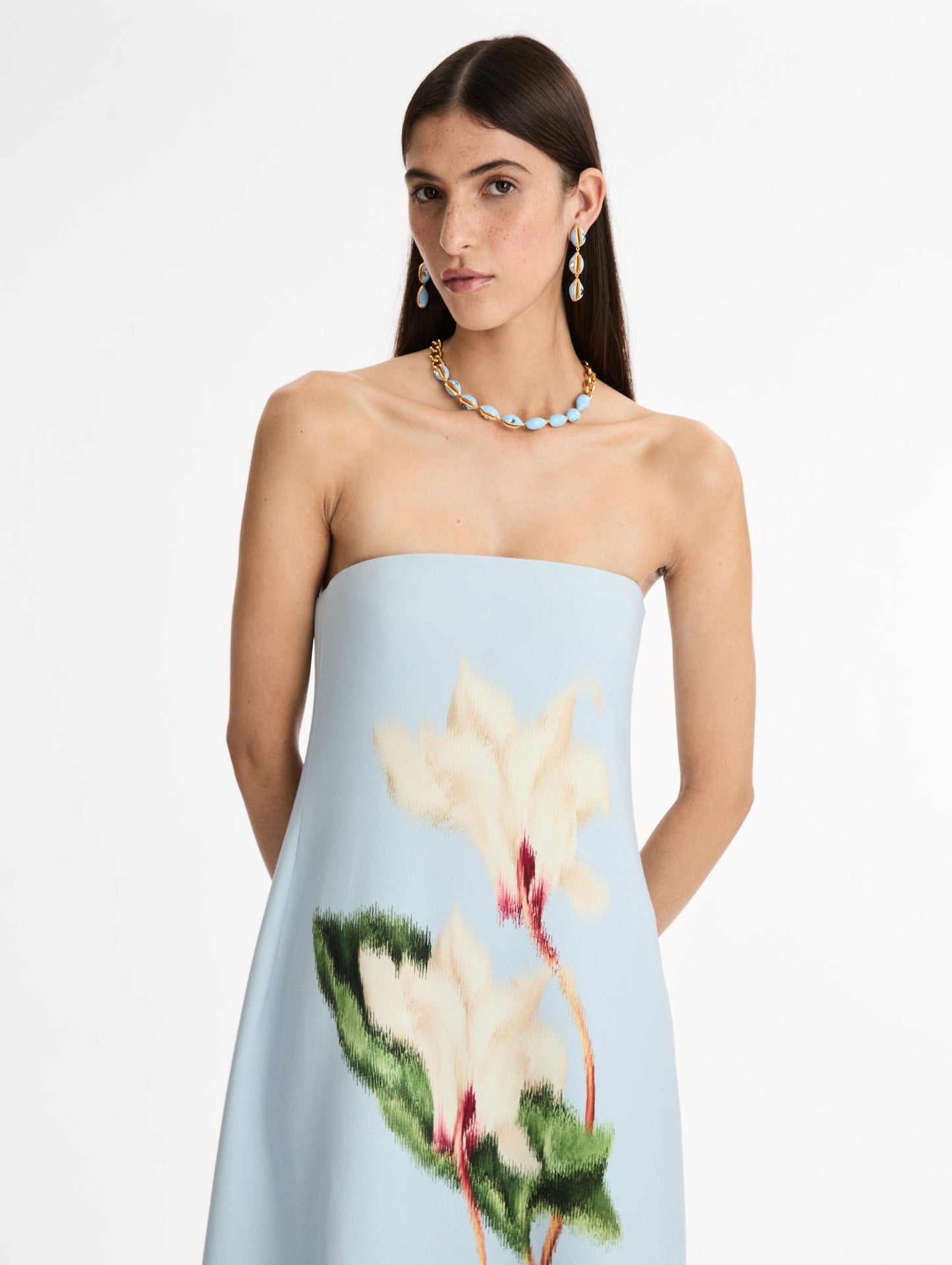 Strapless Floor Length Gown in Pale Blue with trapeze silhouette. Chiné Cyclamen motif blooms with blurred edges. Front View, Close Up.