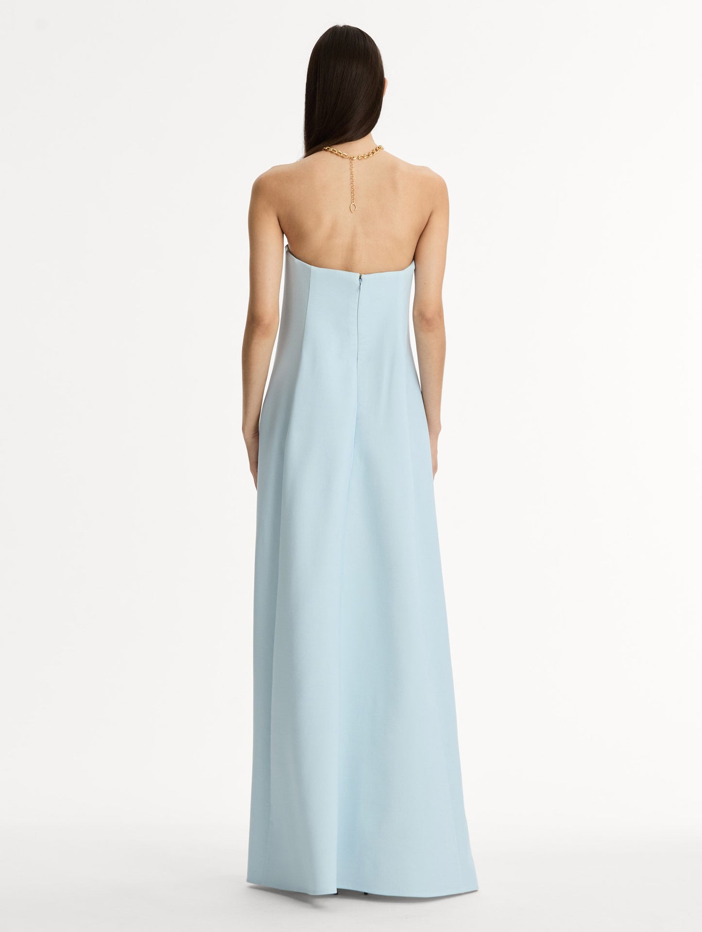 Strapless Floor Length Gown in Pale Blue with trapeze silhouette. Chiné Cyclamen motif blooms with blurred edges. Zipper Closure at back. Back View.
