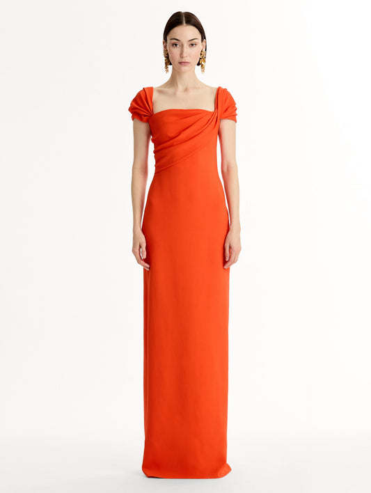 Fluid stretch cady gown with sculptural draping along neckline and shoulders. Short sleeve, column silhouette . Front View.