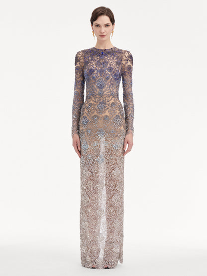Blue to White Ombre Crystal Embroidered Long sleeve Gown Front View