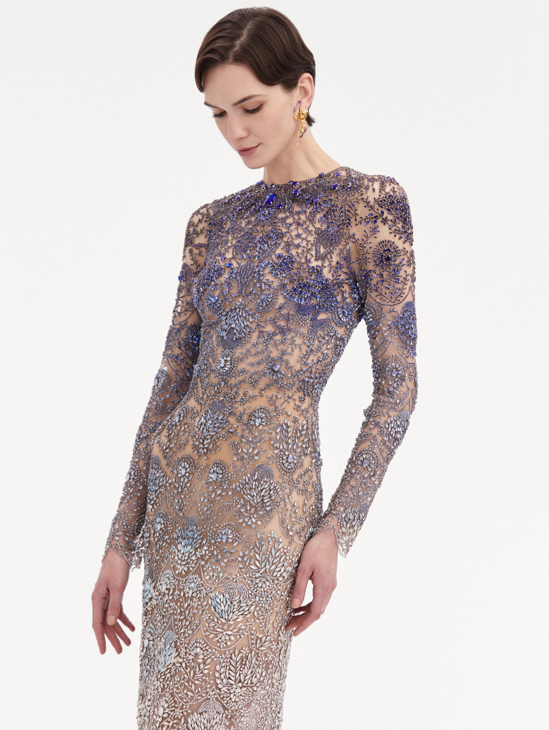 Blue to White Ombre Crystal Embroidered Long sleeve Gown Zoom View
