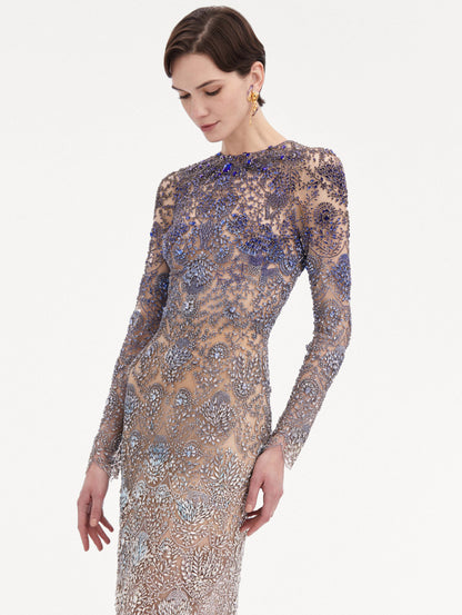 Blue to White Ombre Crystal Embroidered Long sleeve Gown Zoom View