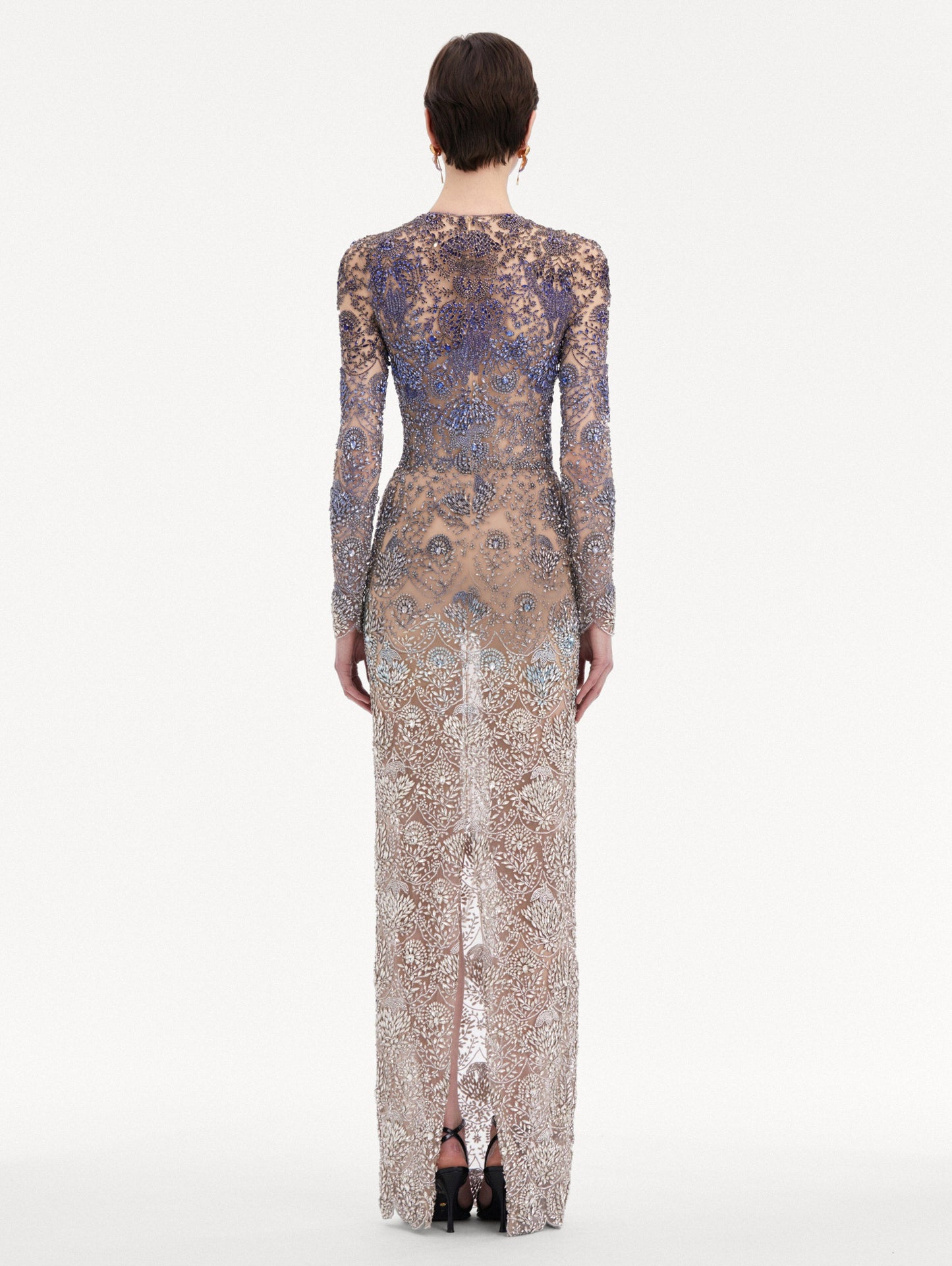 Blue to White Ombre Crystal Embroidered Long sleeve Gown Back View