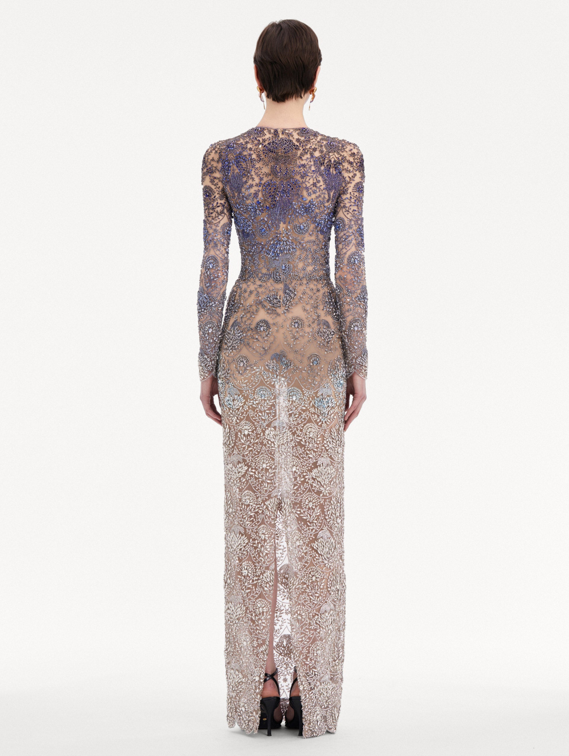 Blue to White Ombre Crystal Embroidered Long sleeve Gown Back View