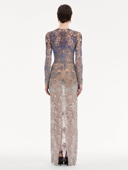 Blue to White Ombre Crystal Embroidered Long sleeve Gown Back View