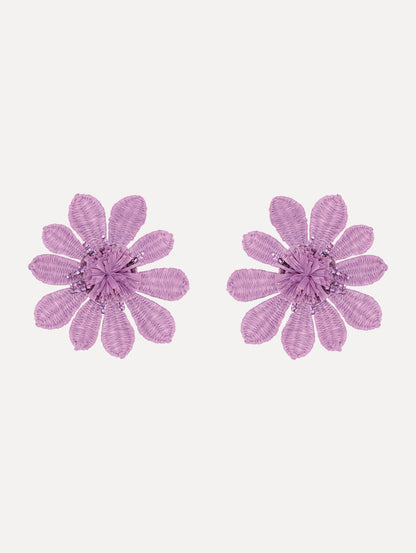 The Woven Raffia Flower Clip-On Earrings in Lilac.