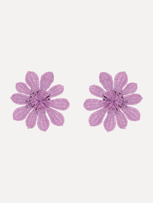 The Woven Raffia Flower Clip-On Earrings in Lilac.