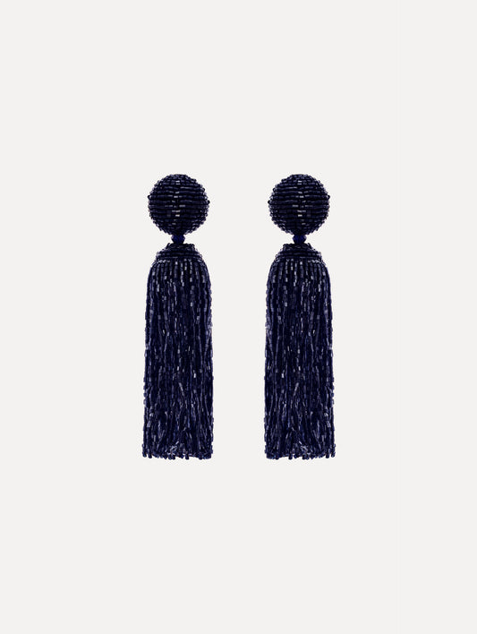 The Metallic Beaded Tassel Clip-On Earrings in Navy.