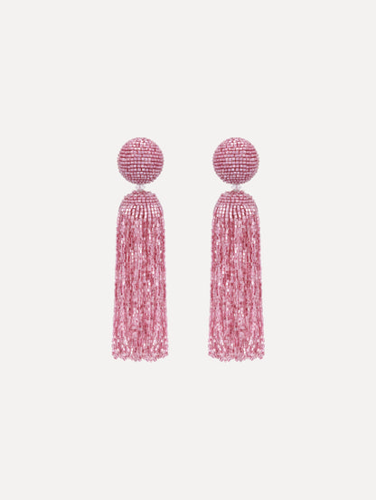 The Metallic Beaded Tassel Clip-On Earrings in Pink.