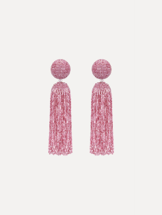 The Metallic Beaded Tassel Clip-On Earrings in Pink.