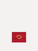 Red Tri-Fold Wallet featuring a gold O motif clasp. Front View.