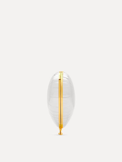 Pearl Heart Ballon Bag featuring a gold chain strap and metallic trim. Side View.