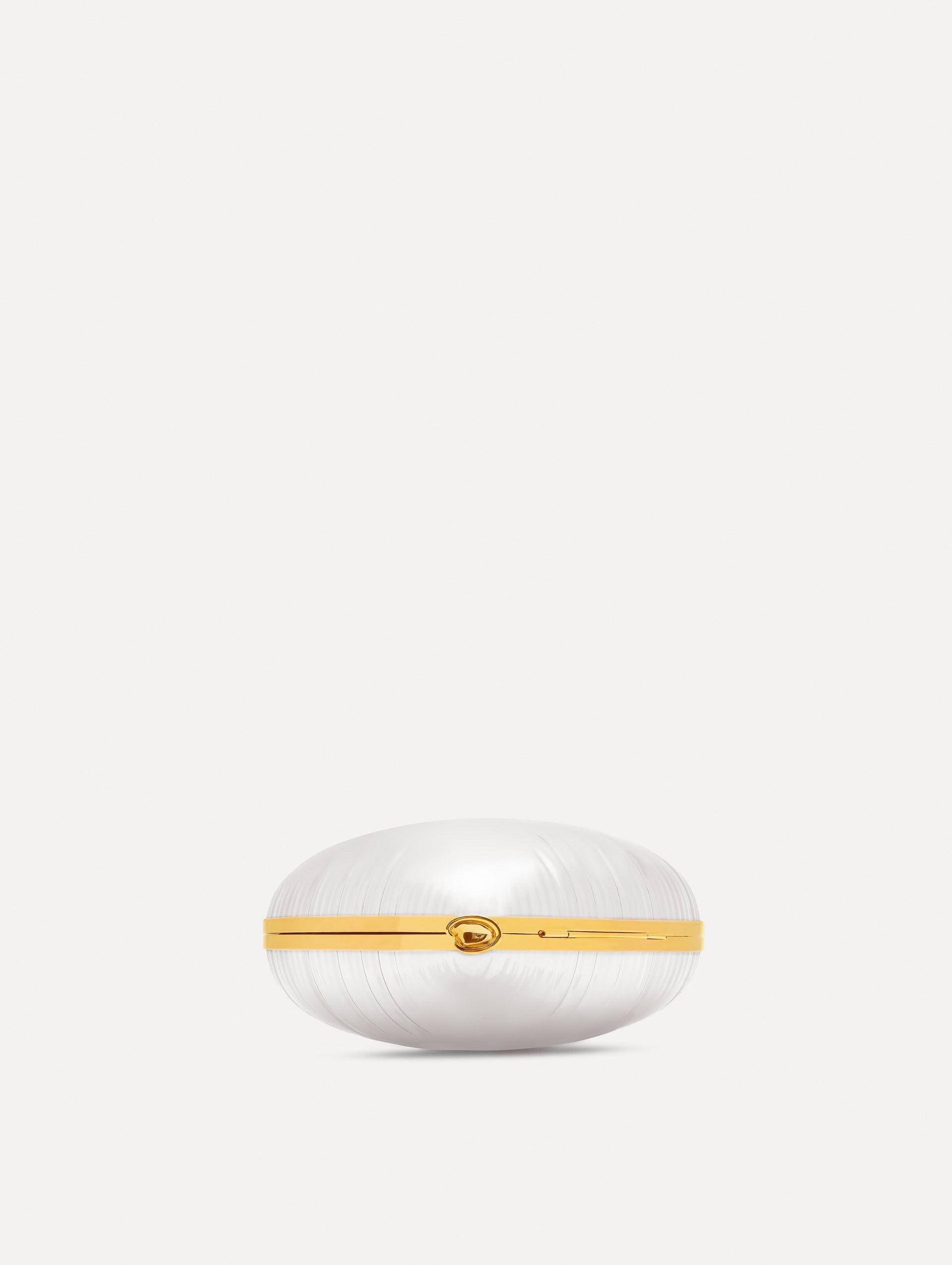Pearl Heart Ballon Bag featuring a gold chain strap and metallic trim. Bottom View.
