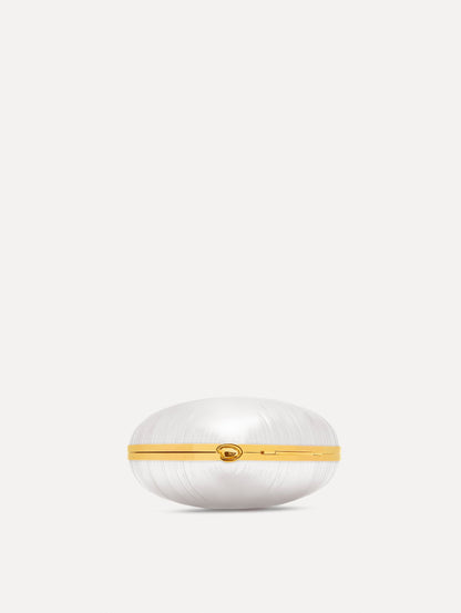 Pearl Heart Ballon Bag featuring a gold chain strap and metallic trim. Bottom View.