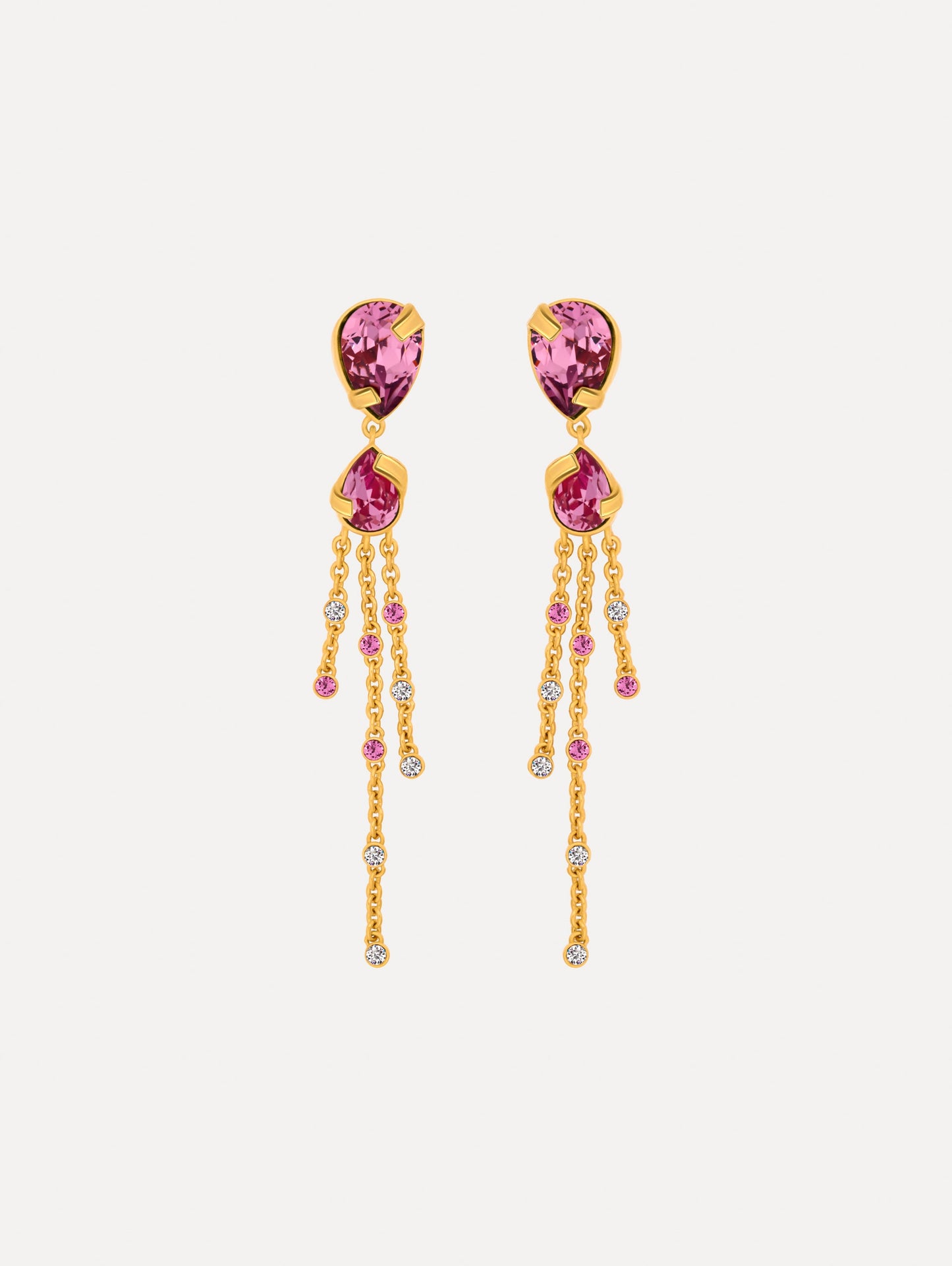 Pink and Purple Pear-Cut Chandelier Earrings with cascading gold chains. Front View.