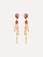 Pink and Purple Pear-Cut Chandelier Earrings with cascading gold chains. Front View.