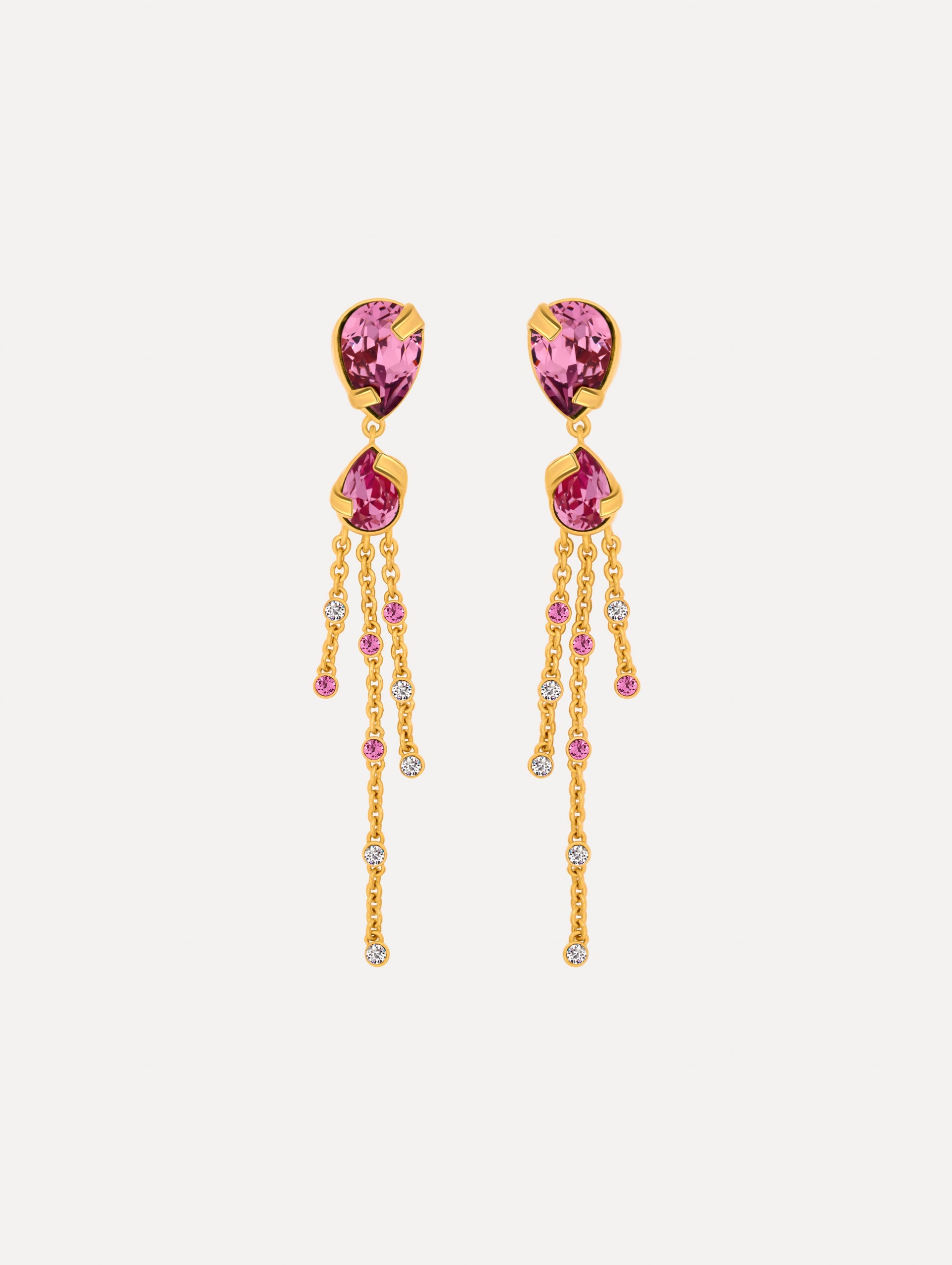 Pink and Purple Pear-Cut Chandelier Earrings with cascading gold chains. Front View.