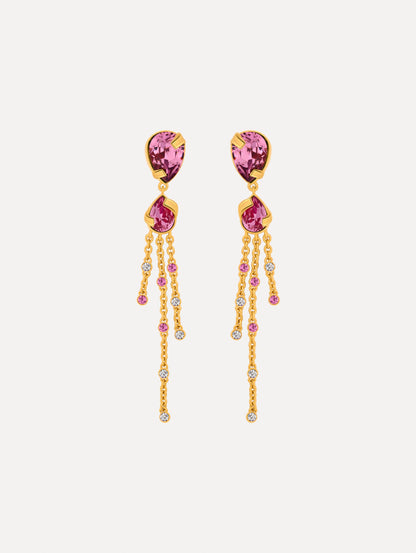 Pink and Purple Pear-Cut Chandelier Earrings with cascading gold chains. Front View.