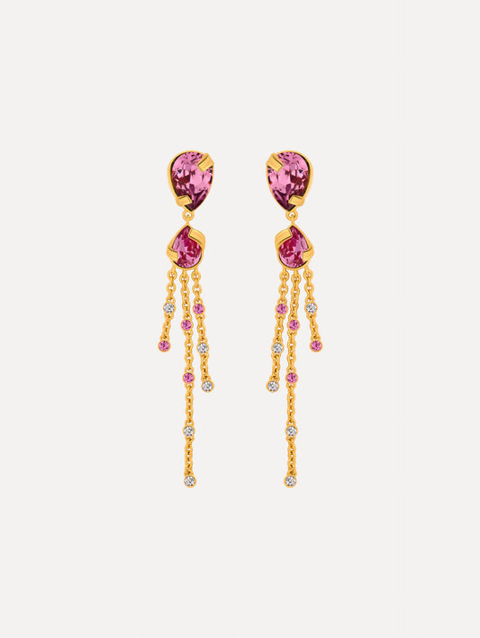 Pink and Purple Pear-Cut Chandelier Earrings with cascading gold chains. Front View.