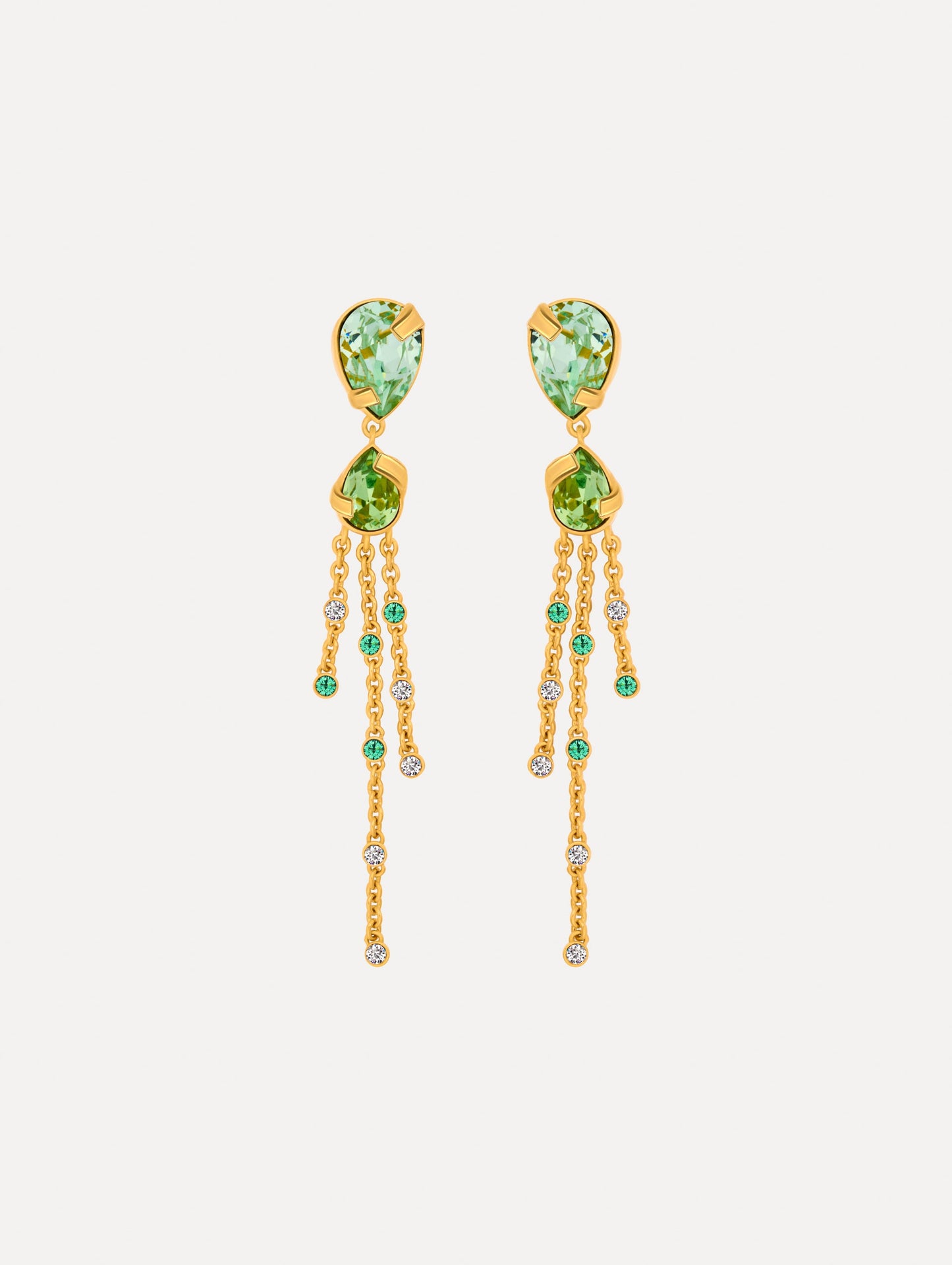 Green Pear-Cut Chandelier Earrings with teardrop crystals and gold chains cascading. Front View.