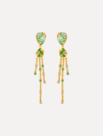 Green Pear-Cut Chandelier Earrings with teardrop crystals and gold chains cascading. Front View.