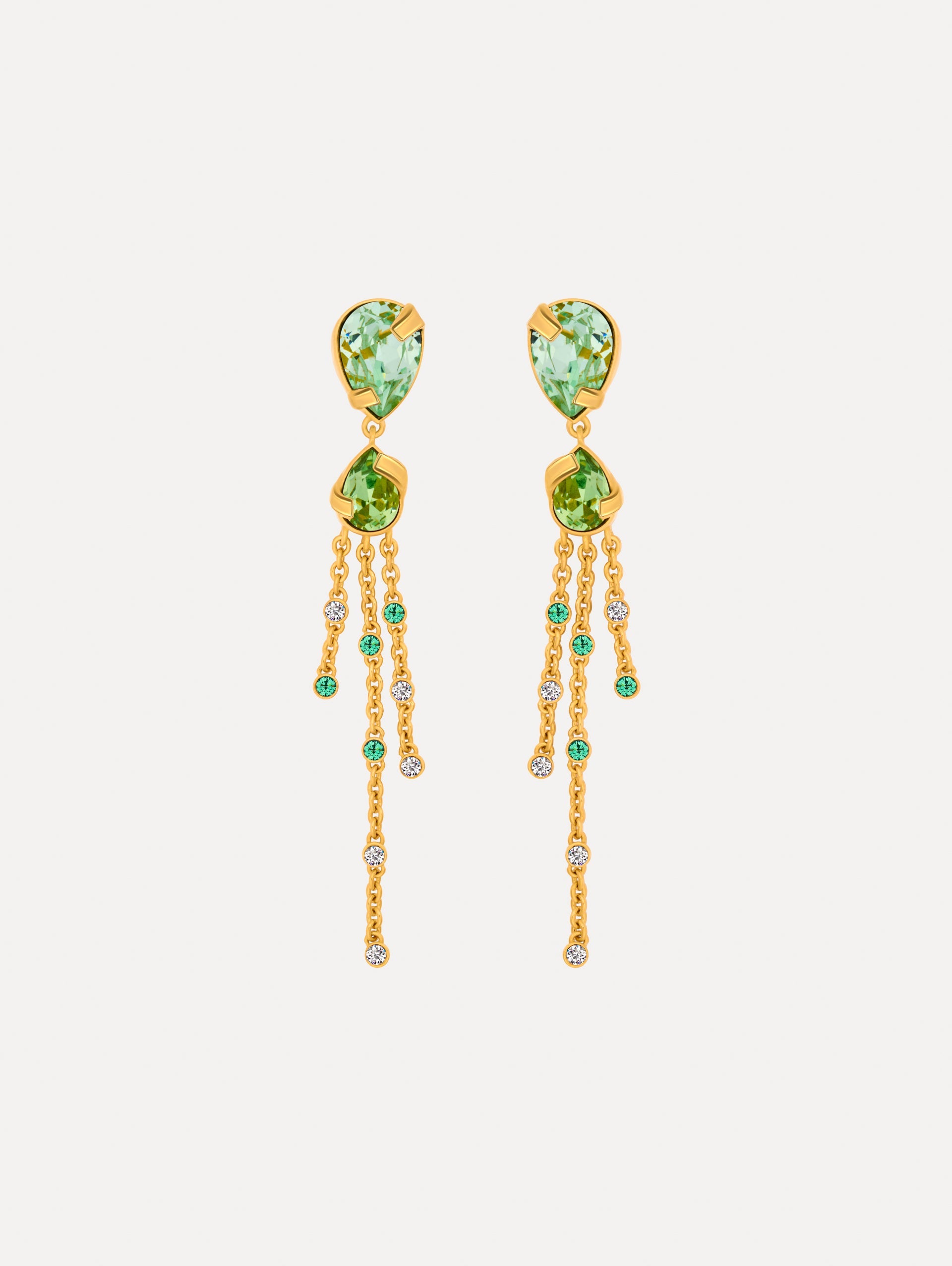 Green Pear-Cut Chandelier Earrings with teardrop crystals and gold chains cascading. Front View.