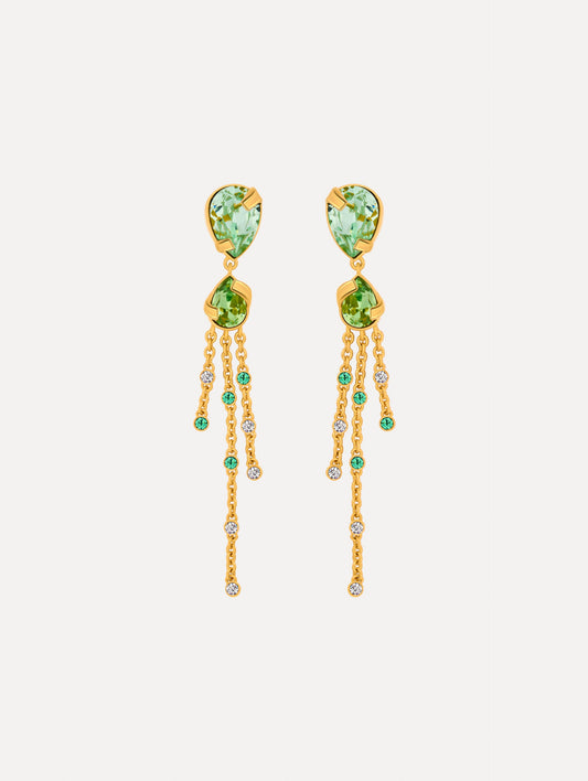 Green Pear-Cut Chandelier Earrings with teardrop crystals and gold chains cascading. Front View.