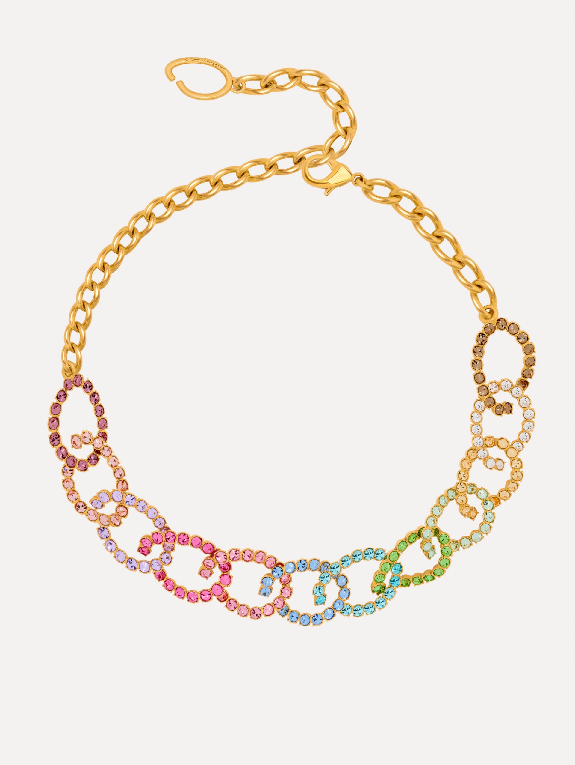 Rhinestone Chain-Link Necklace with interlocking oval links encrusted with multicolored pastel crystals. Front View.