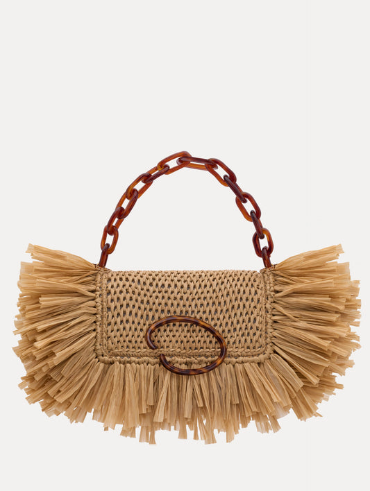 The Raffia Fringe O Pochette in the color natural with fringe detailing and a tortoise-accented O clasp.