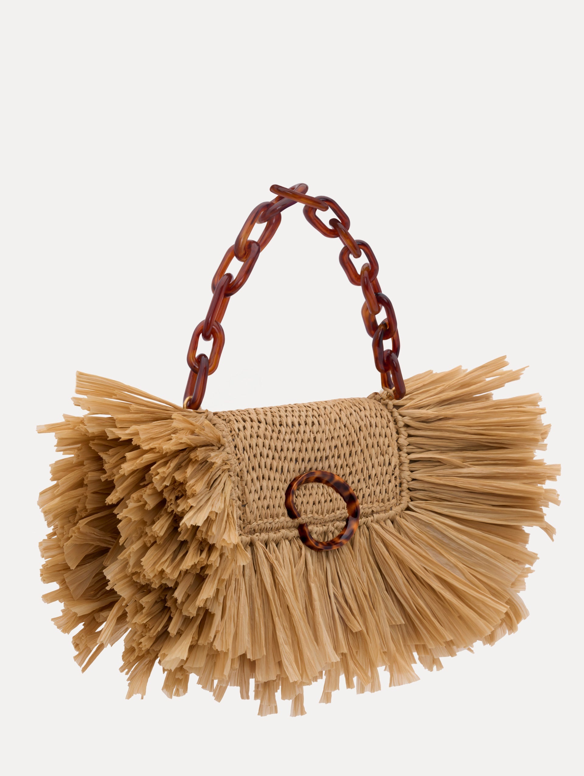 The Raffia Fringe O Pochette in the color natural with fringe detailing and a tortoise-accented O clasp.
