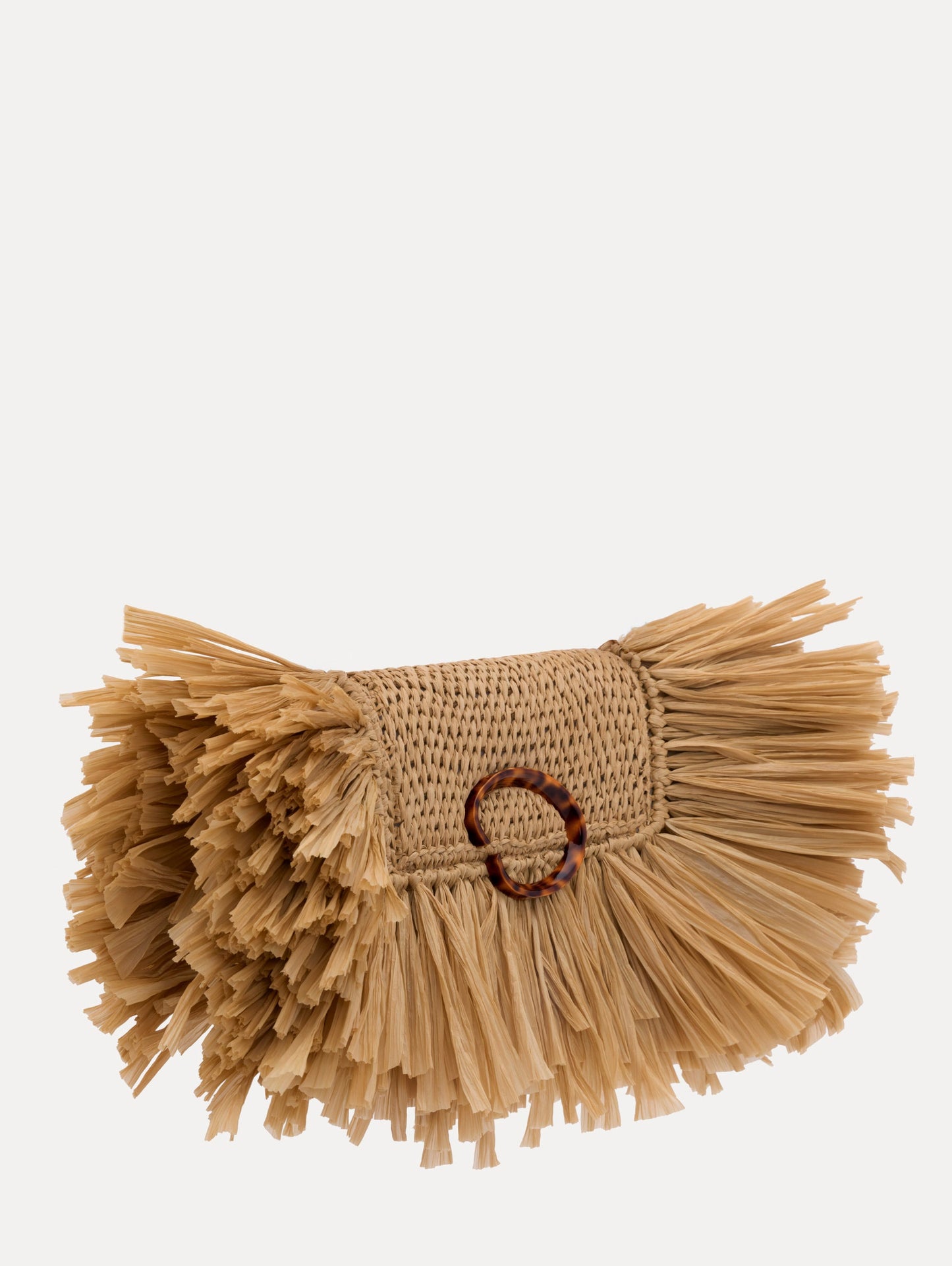 The Raffia Fringe O Pochette in the color natural with fringe detailing and a tortoise-accented O clasp.