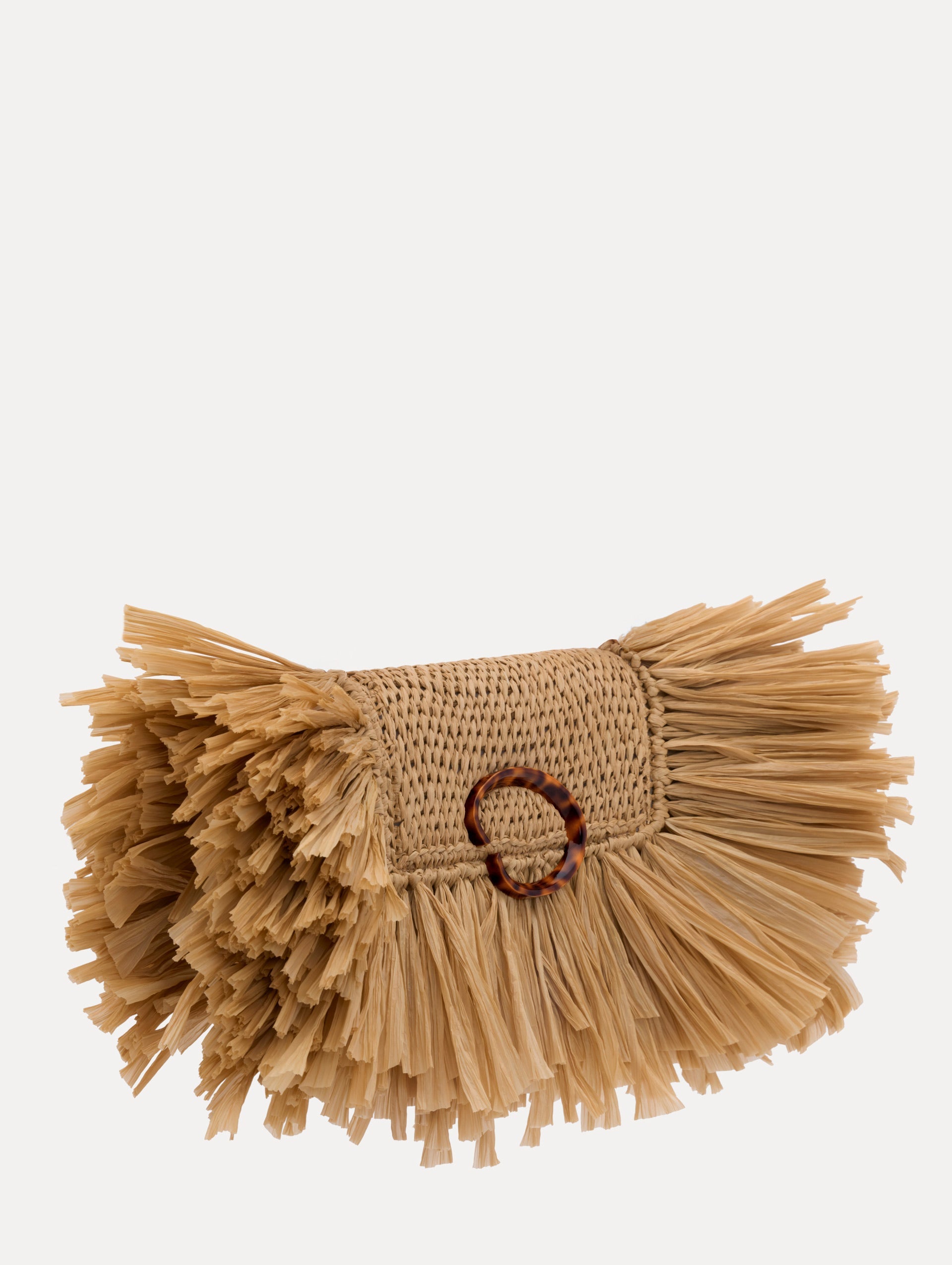 The Raffia Fringe O Pochette in the color natural with fringe detailing and a tortoise-accented O clasp.