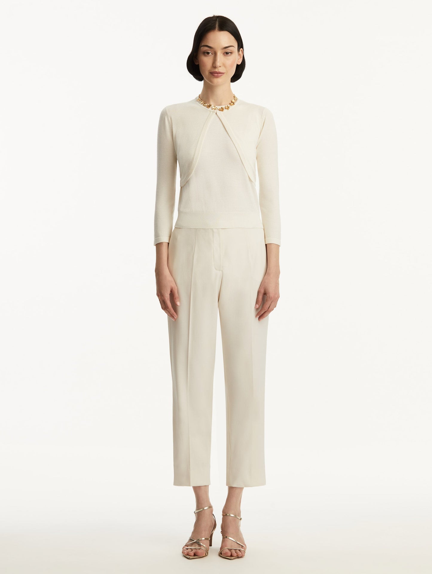 Wool-Blend White Bolero Styled with White Pants Front View