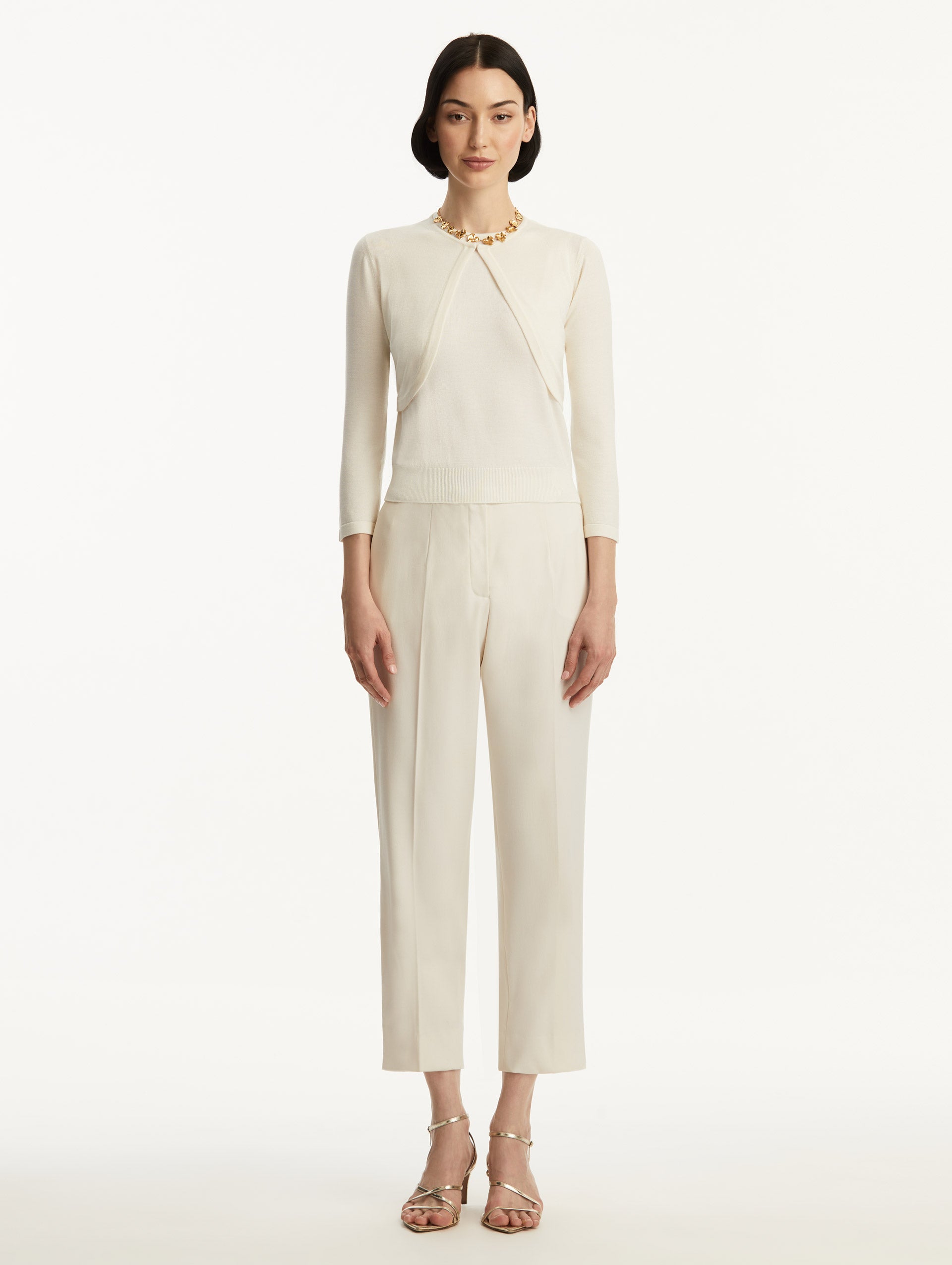 Wool-Blend White Bolero Styled with White Pants Front View