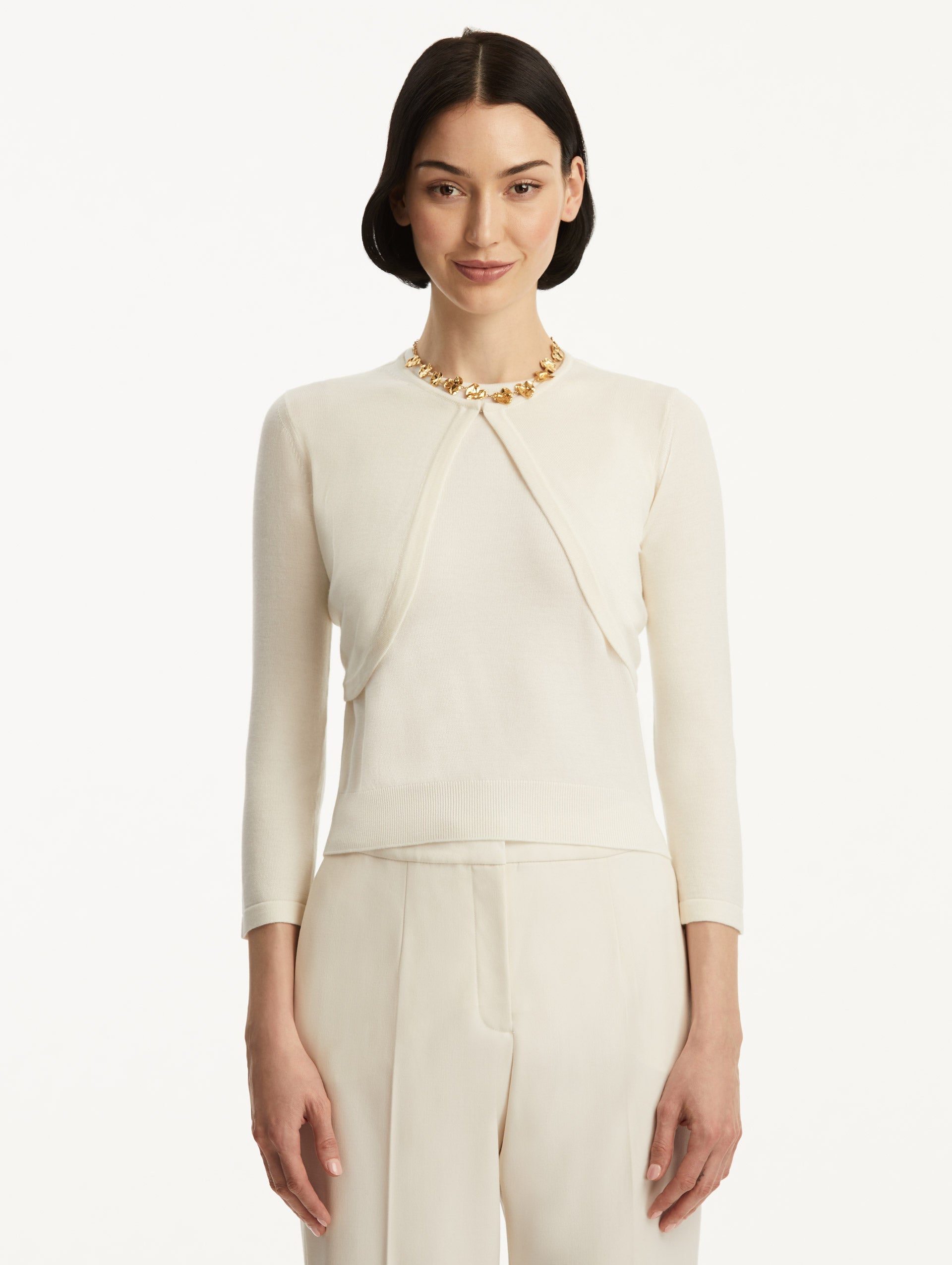 Wool-Blend White Bolero Styled with White Pants Front View