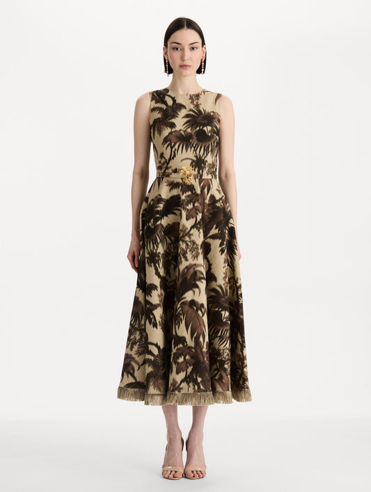 Chiné Palm Leaves Dress in Espresso and Ivory. Front view.