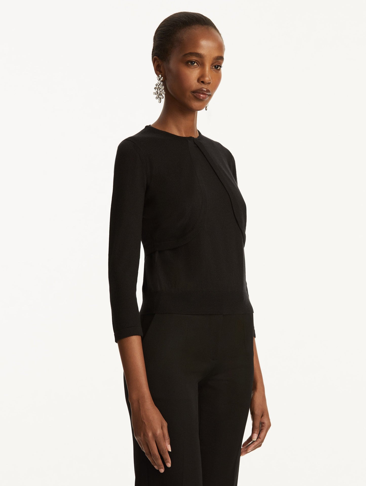 Wool-Blend Black Bolero Styled with Black Pants Side View