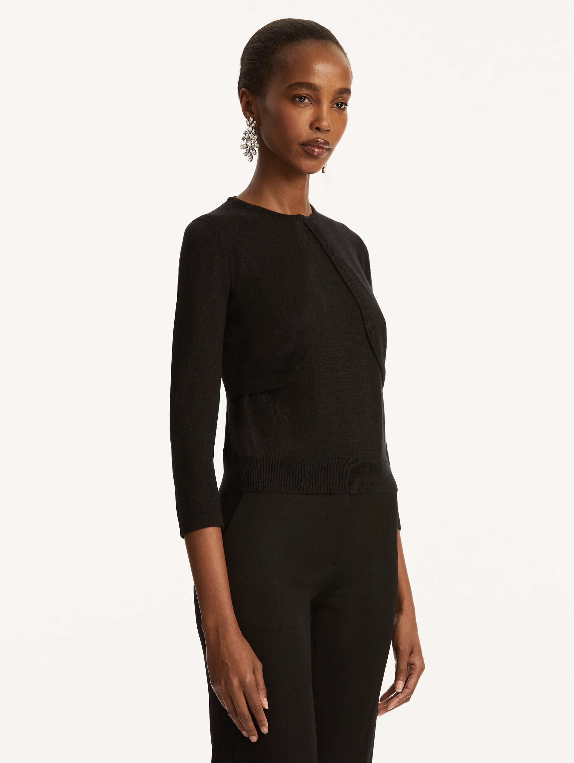 Wool-Blend Black Bolero Styled with Black Pants Side View