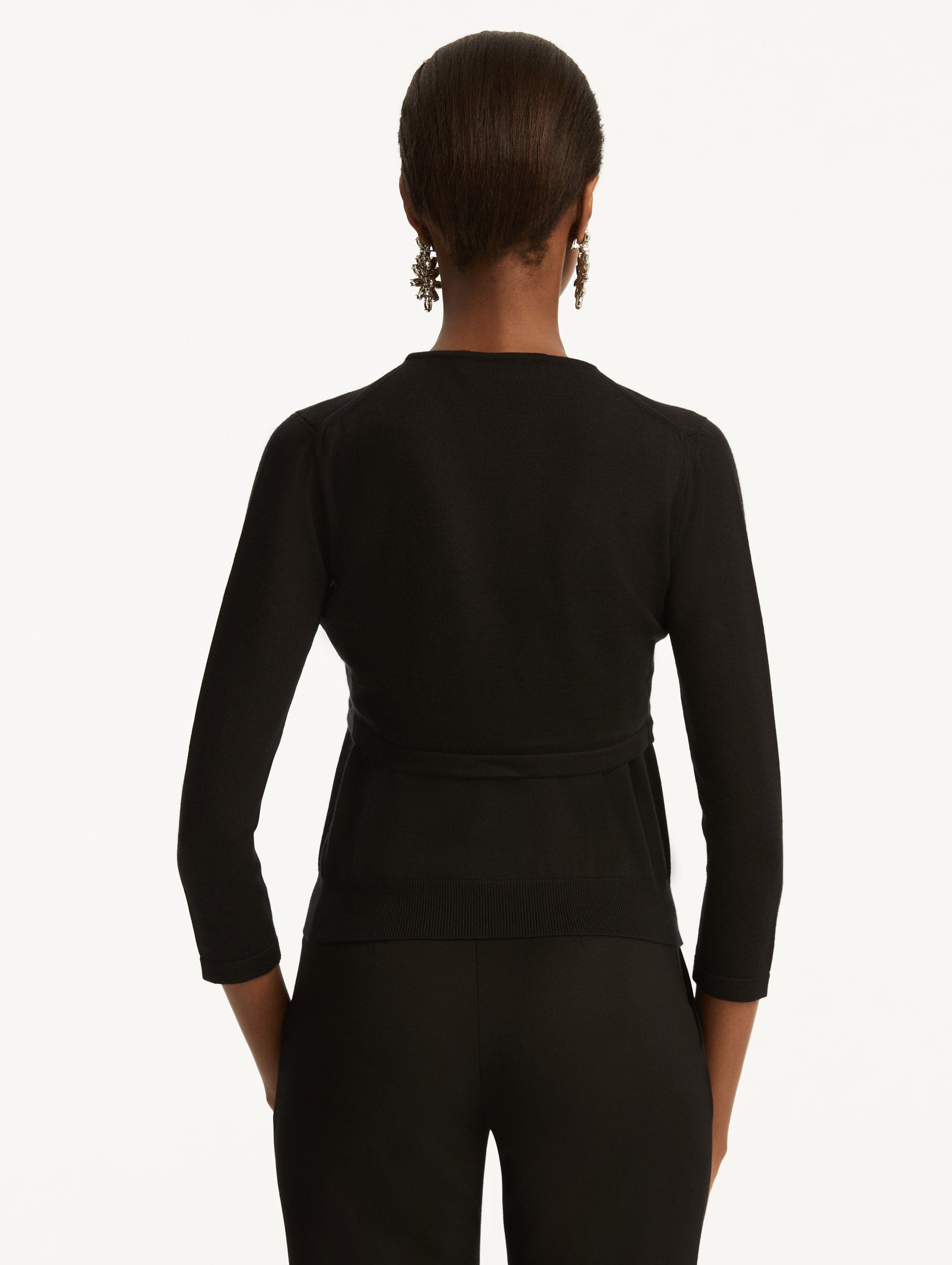 Wool-Blend Black Bolero Styled with Black Pants Back View