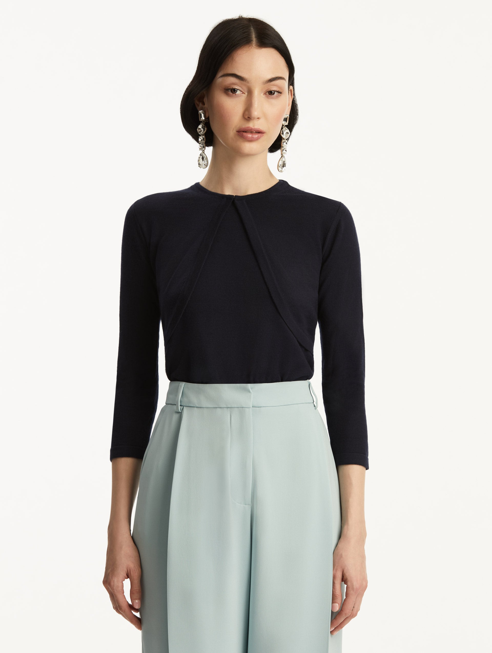Wool-Blend Navy Bolero, Styled with Baby Blue Pants. Front View