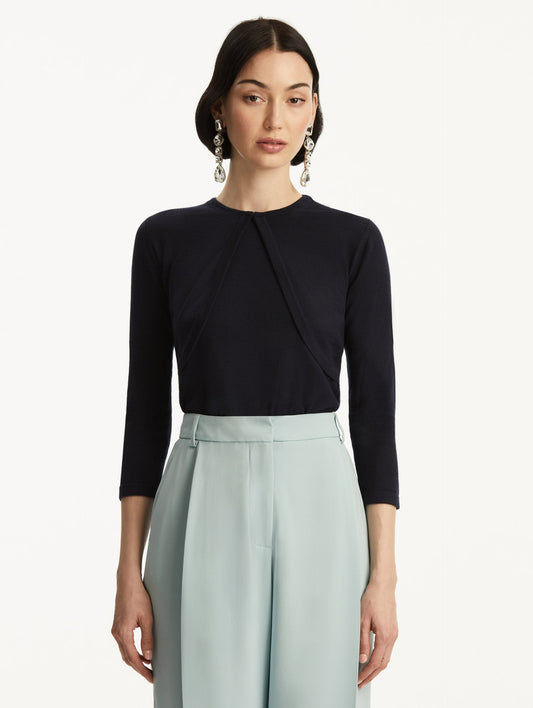 Wool-Blend Navy Bolero, Styled with Baby Blue Pants. Front View