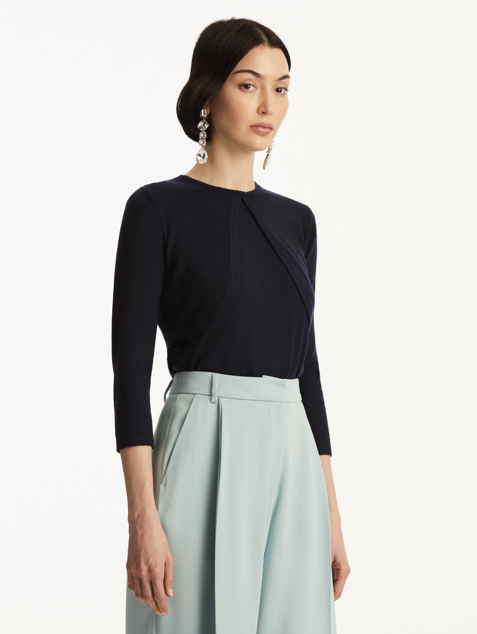 Wool-Blend Navy Bolero, Styled with Baby Blue Pants. Side View