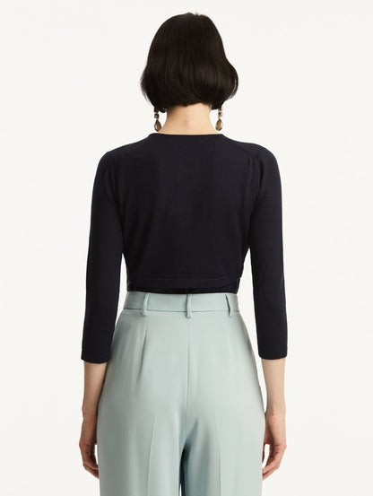 Wool-Blend Navy Bolero, Styled with Baby Blue Pants. Back View