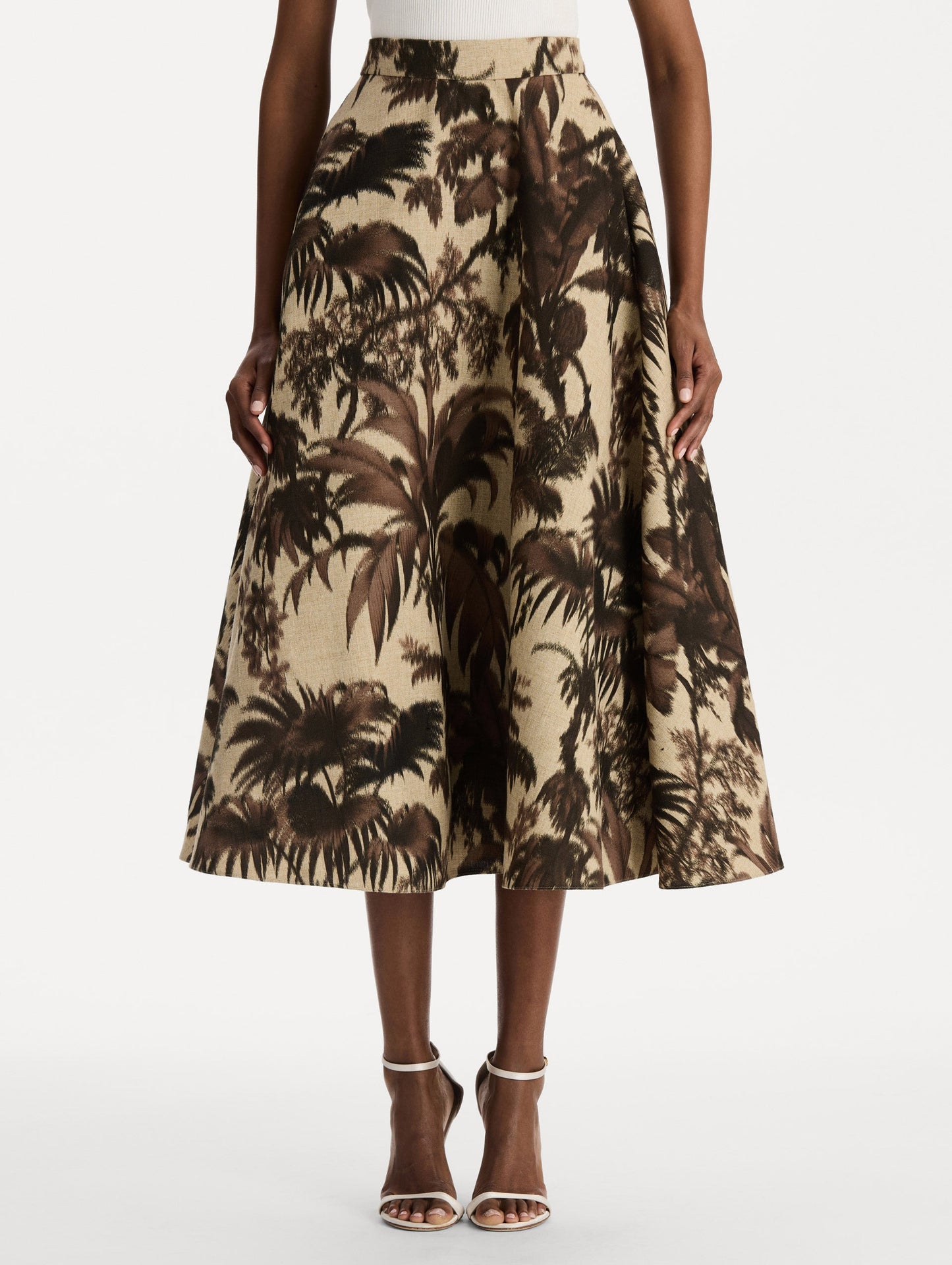 Chiné Palm Leaves Skirt in Espresso and Ivory print. Front view.