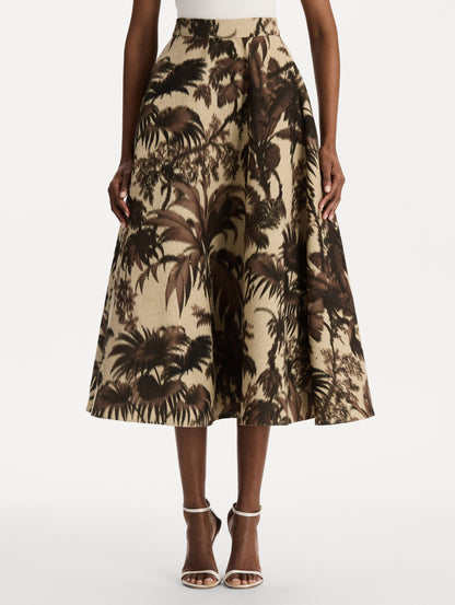 Chiné Palm Leaves Skirt in Espresso and Ivory print. Front view.