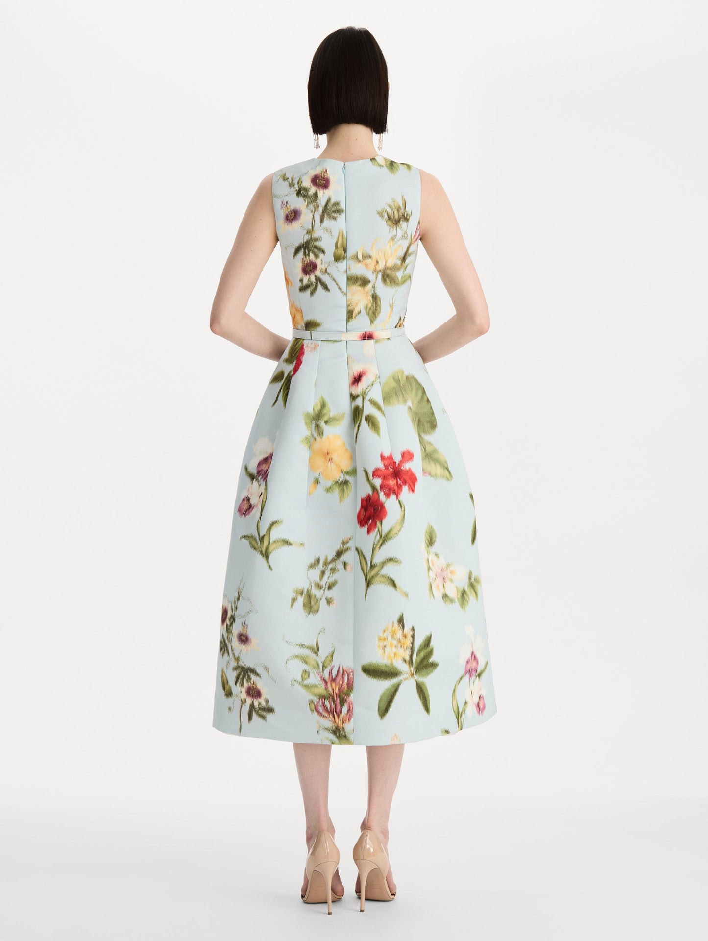 Chiné Dominican Mixed-Floral Faille Dress in Saltwater Multi. Back view.