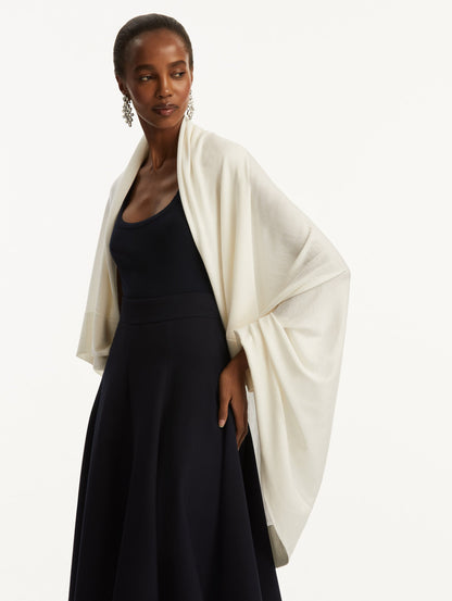 Wool-Blend Ivory Shawl Styled with Navy Dress Front View