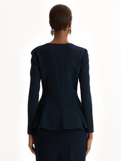 Peplum Wool-Blend Jacket in Navy. Back View.