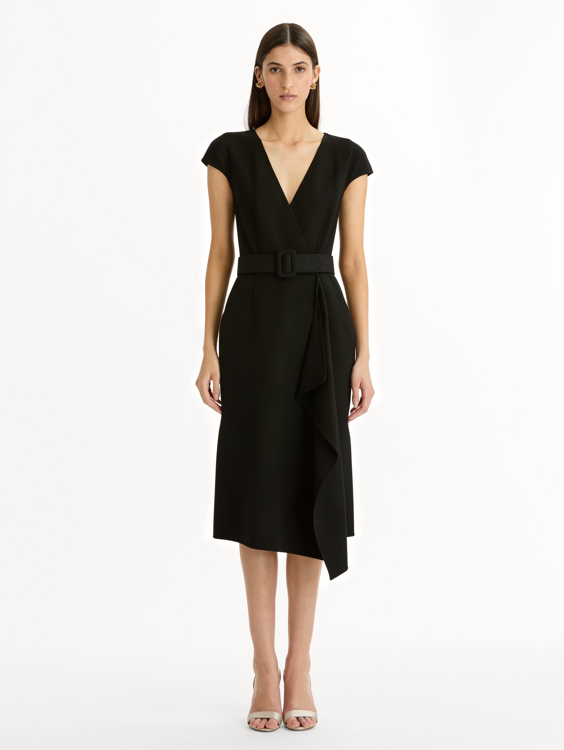 Wool-Blend Pencil Dress in Black. Front View.